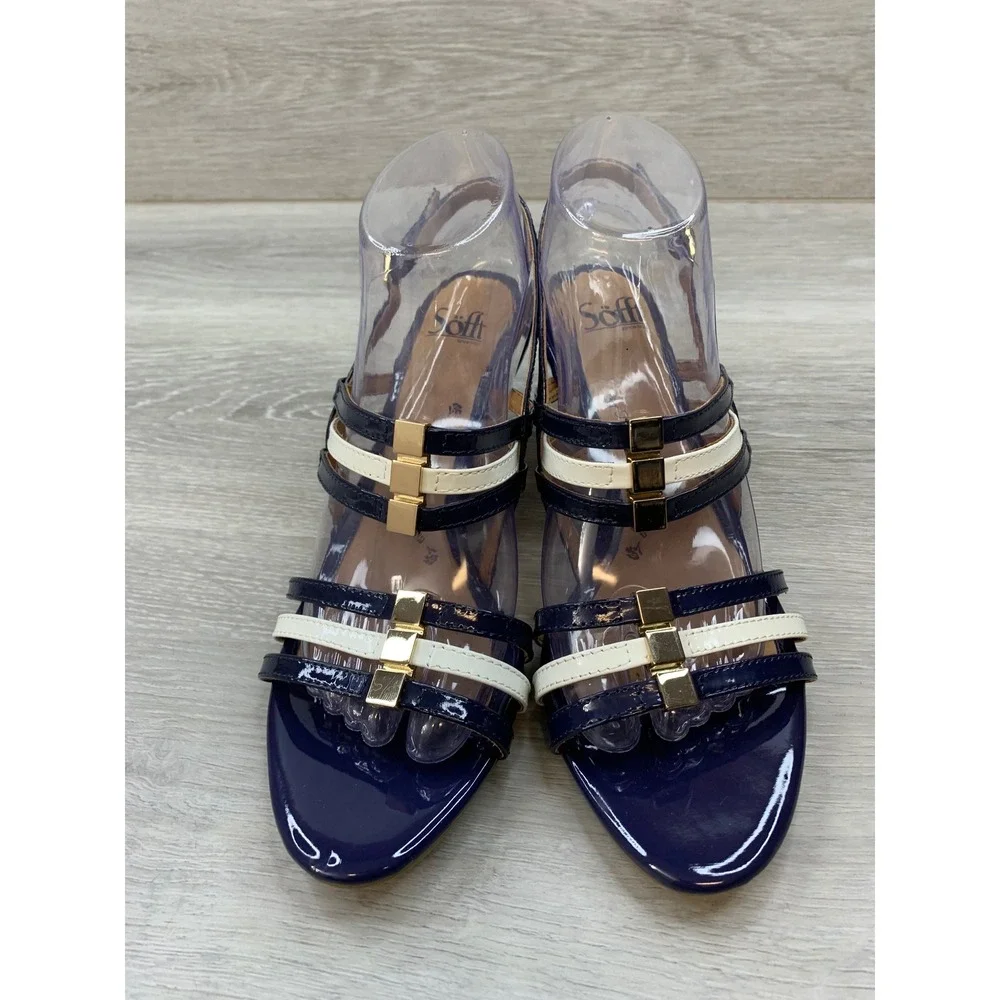 Sofft Women's Navy Cream Patent Leather Wedge Sandals Gold Hardware 9.5 Shoes